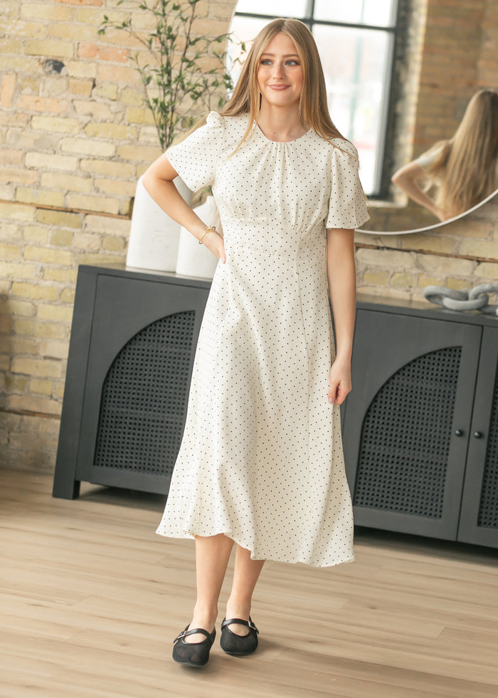 Polka Dot Flutter Sleeve Midi Dress FF Dresses