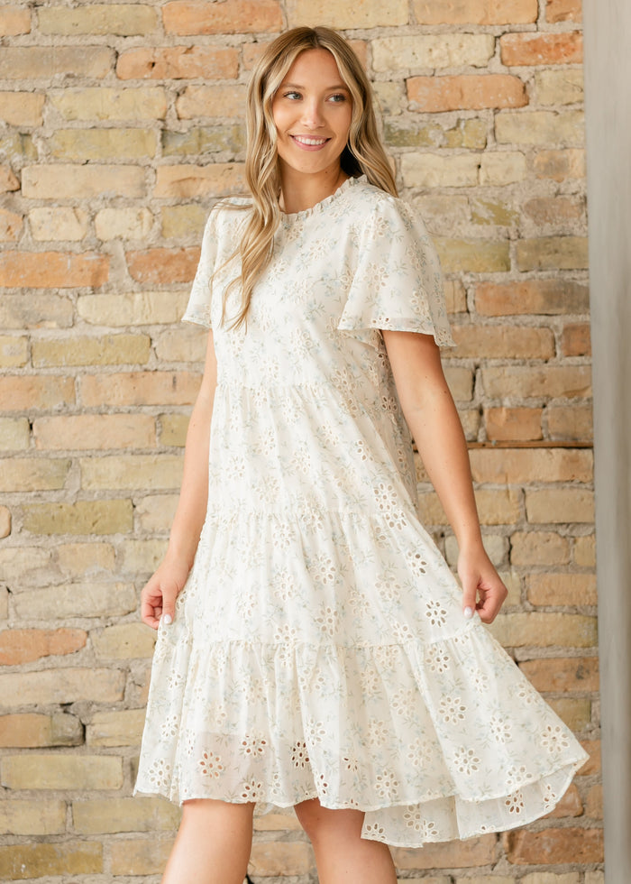 Printed Eyelet Tiered Midi Dress FF Dresses