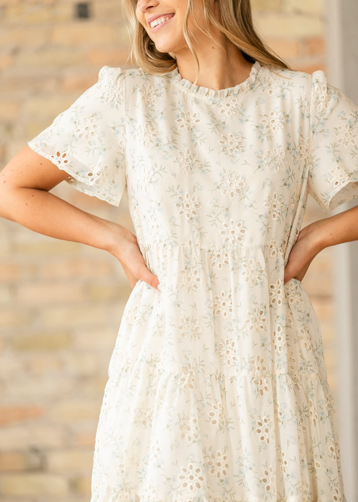 Printed Eyelet Tiered Midi Dress FF Dresses