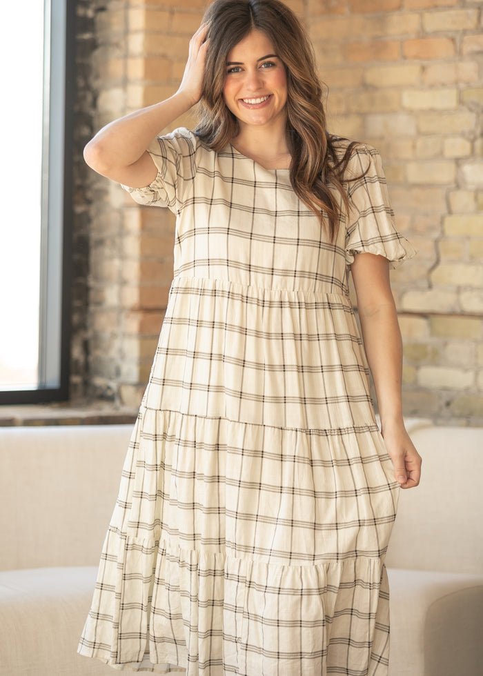 Puff Sleeve Windowpane Maxi Dress FF Dresses