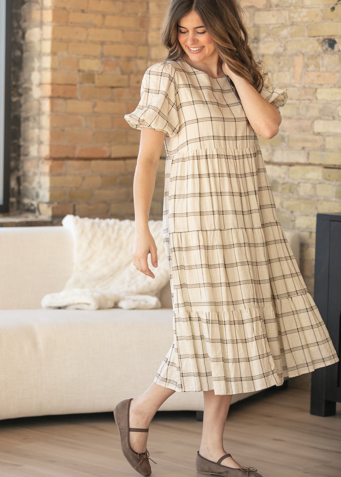Puff Sleeve Windowpane Maxi Dress FF Dresses