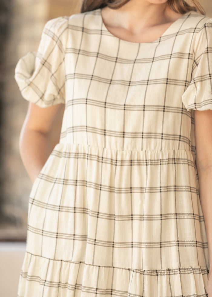 Puff Sleeve Windowpane Maxi Dress FF Dresses