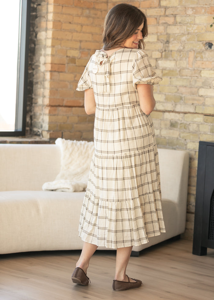 Puff Sleeve Windowpane Maxi Dress FF Dresses