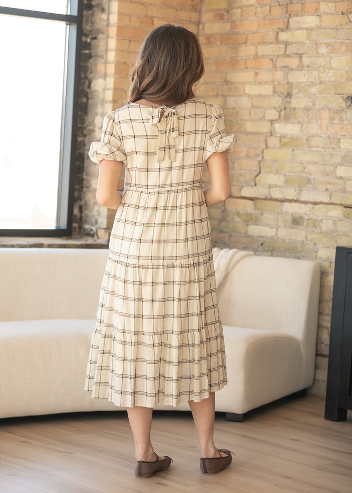Puff Sleeve Windowpane Maxi Dress FF Dresses