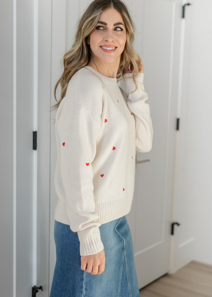 Red Heart Embroidered Knit Sweater FF Tops