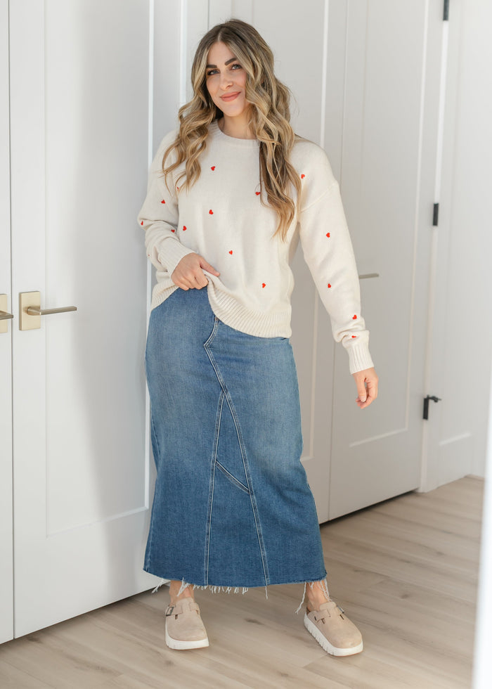 Red Heart Embroidered Knit Sweater FF Tops
