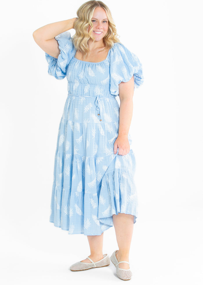 Rhea Leaf Print Puff Sleeve Tiered Midi Dress FF Dresses