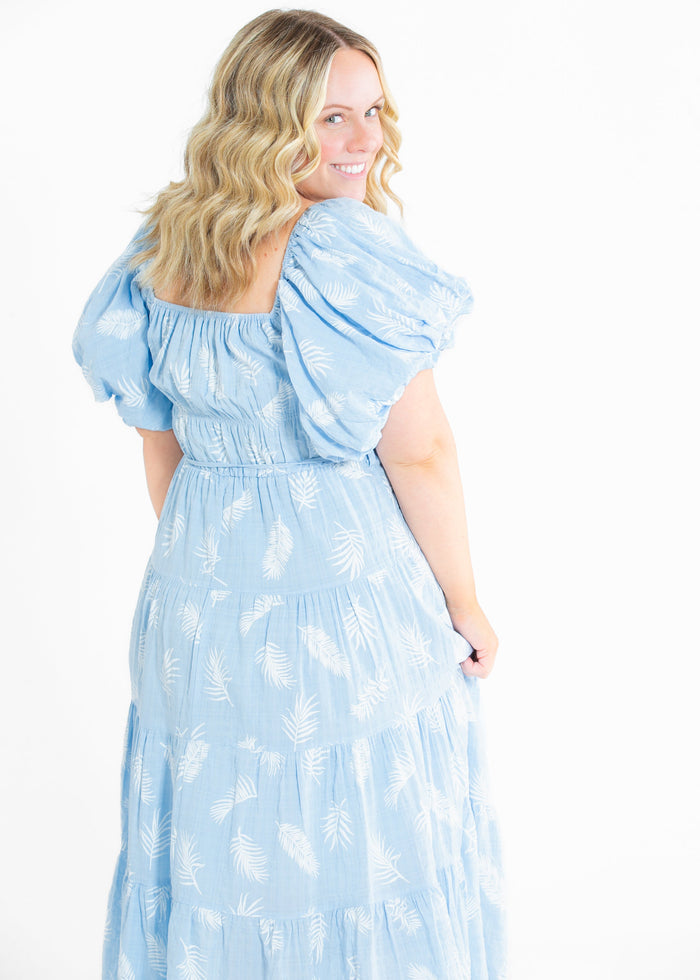 Rhea Leaf Print Puff Sleeve Tiered Midi Dress FF Dresses