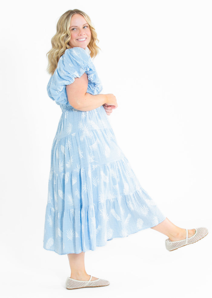 Rhea Leaf Print Puff Sleeve Tiered Midi Dress FF Dresses