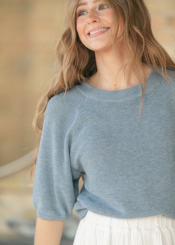 Ribbed Knit Blue Boxy Tee FF Tops