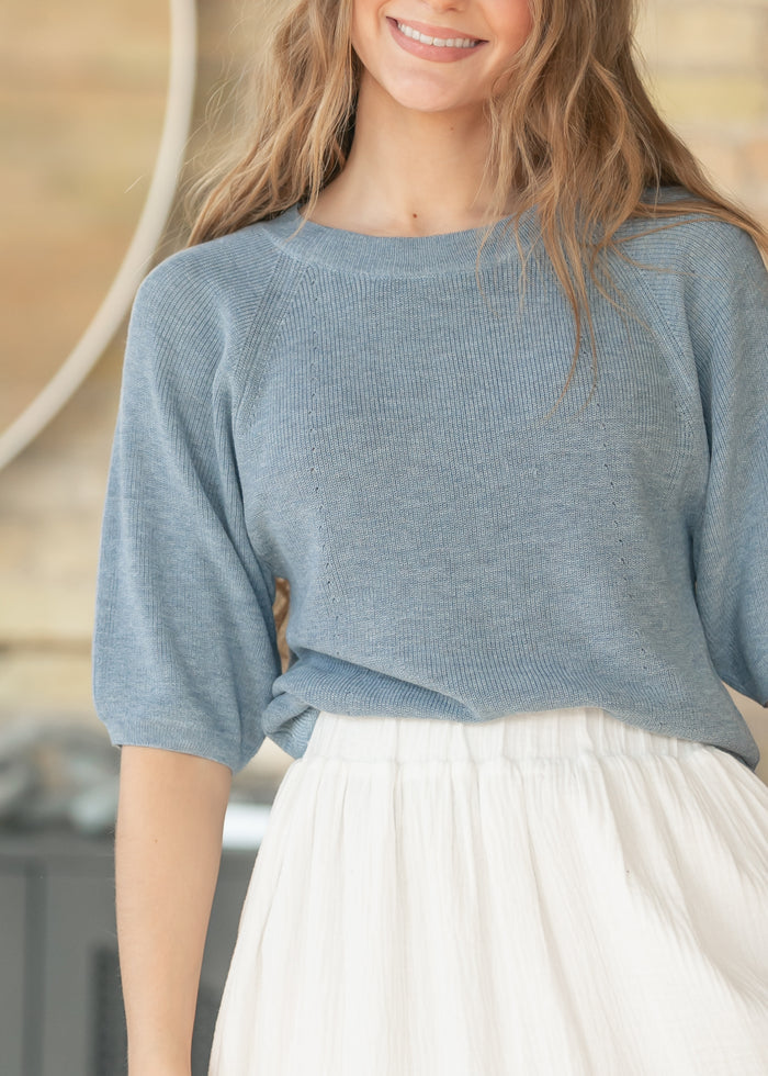 Ribbed Knit Blue Boxy Tee FF Tops