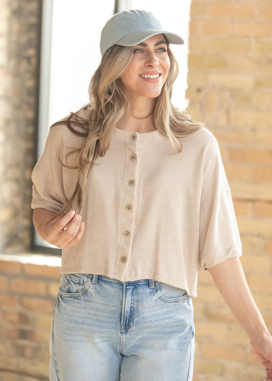 Oatmeal Ribbed Knit Button Front Top FF Tops