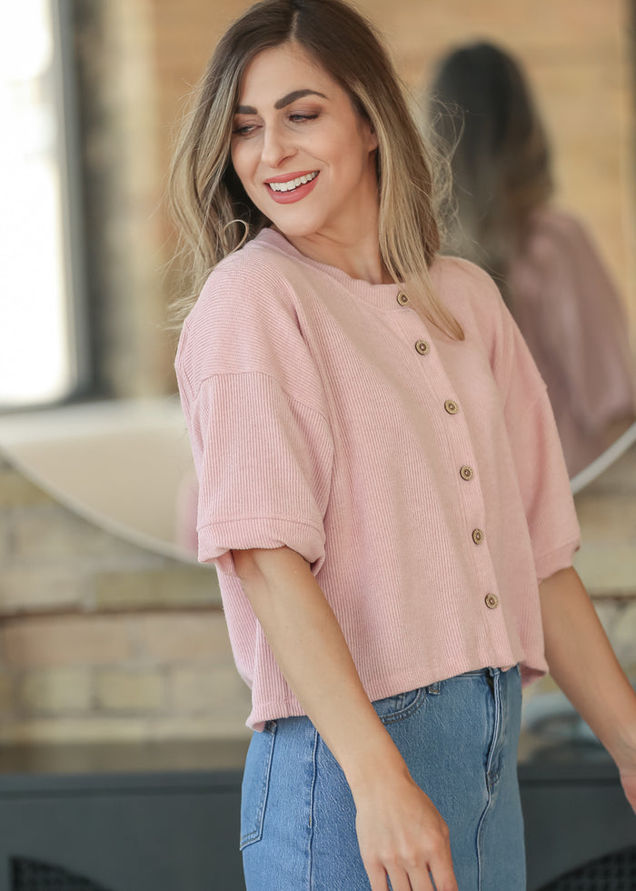 Ribbed Knit Button Front Top FF Tops