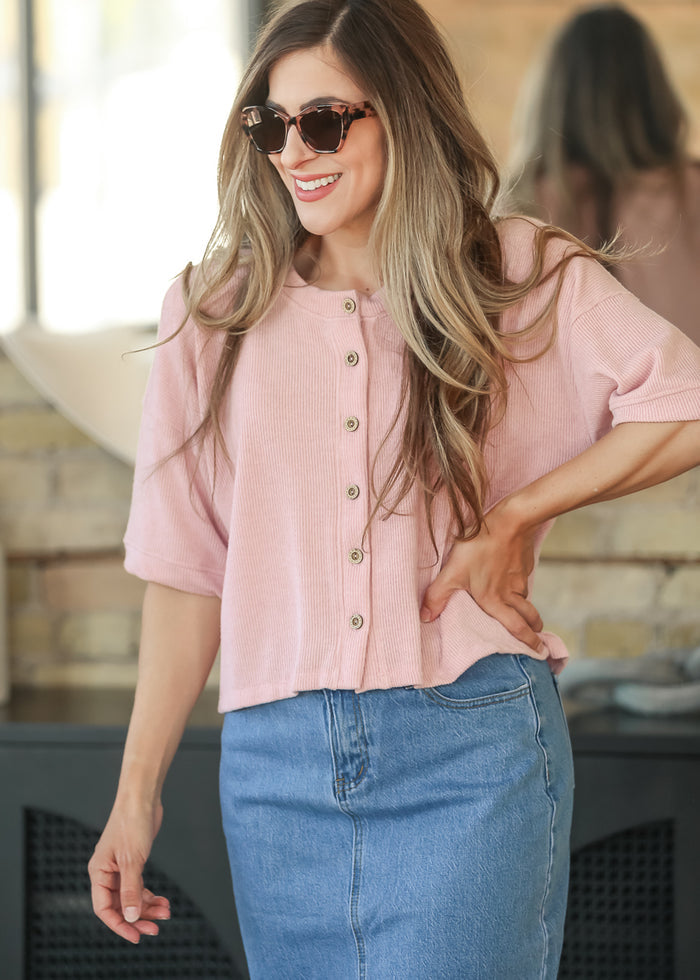 Ribbed Knit Button Front Top FF Tops