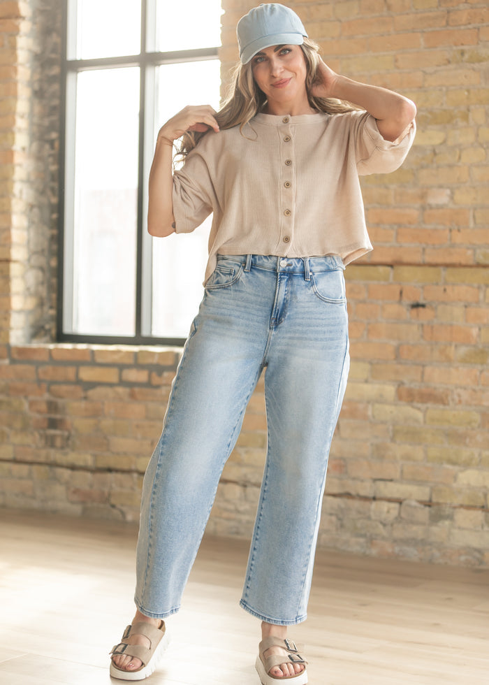 Ribbed Knit Button Front Top FF Tops
