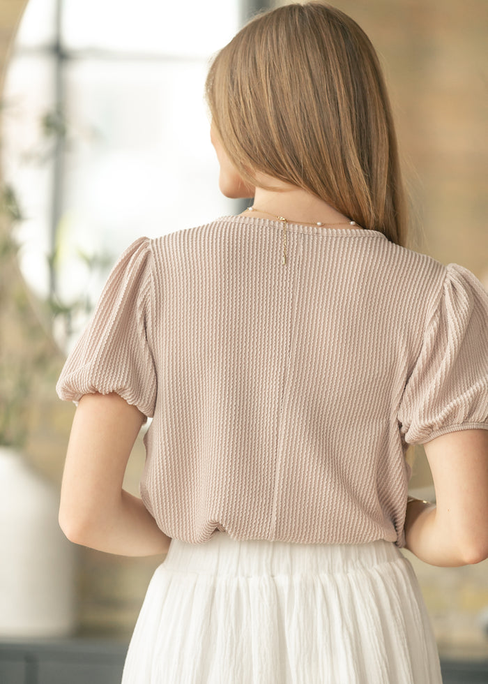 Taupe Ribbed Puff Sleeve Top FF Tops
