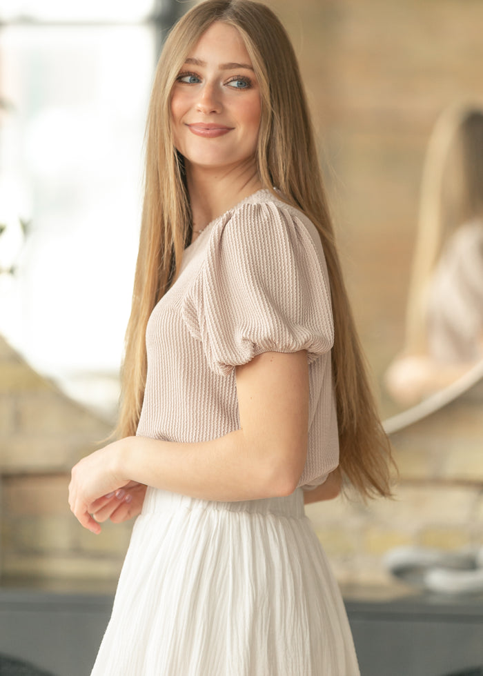 Taupe Ribbed Puff Sleeve Top FF Tops