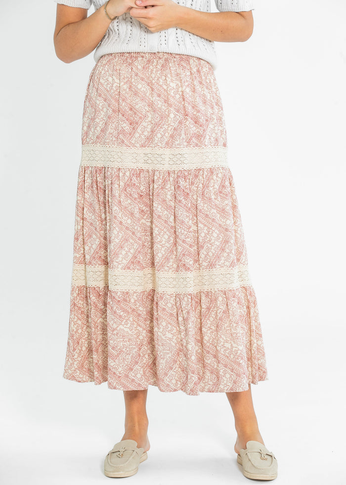 Ruched Waist Lace Trim Tiered Maxi Skirt FF Skirts Red / XS
