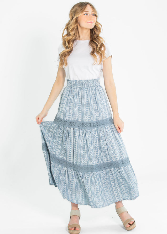 Ruched Waist Lace Trim Tiered Maxi Skirt FF Skirts