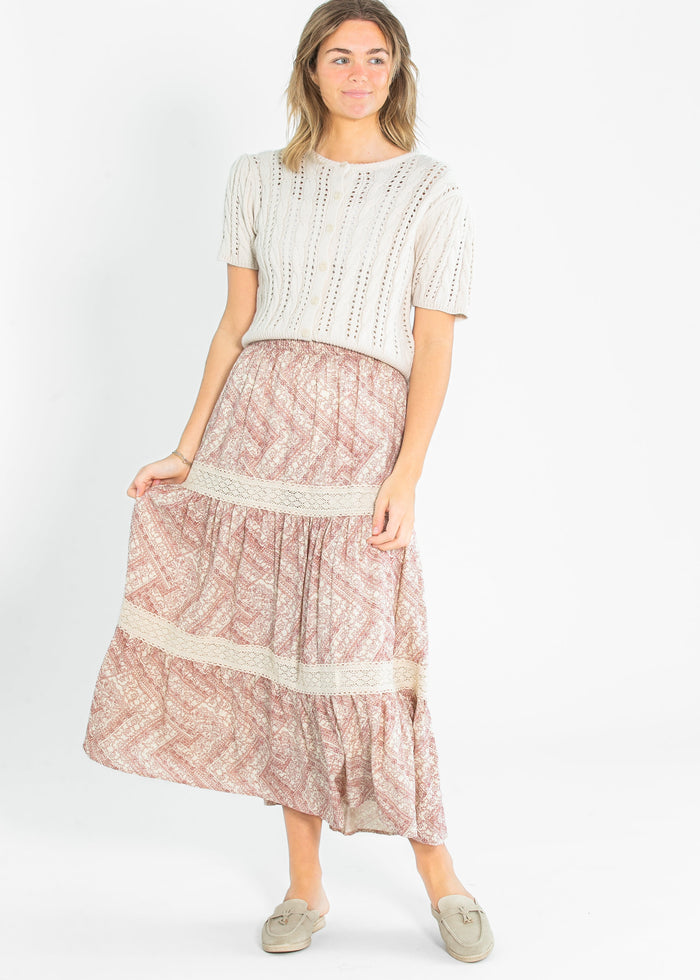 Ruched Waist Lace Trim Tiered Maxi Skirt FF Skirts