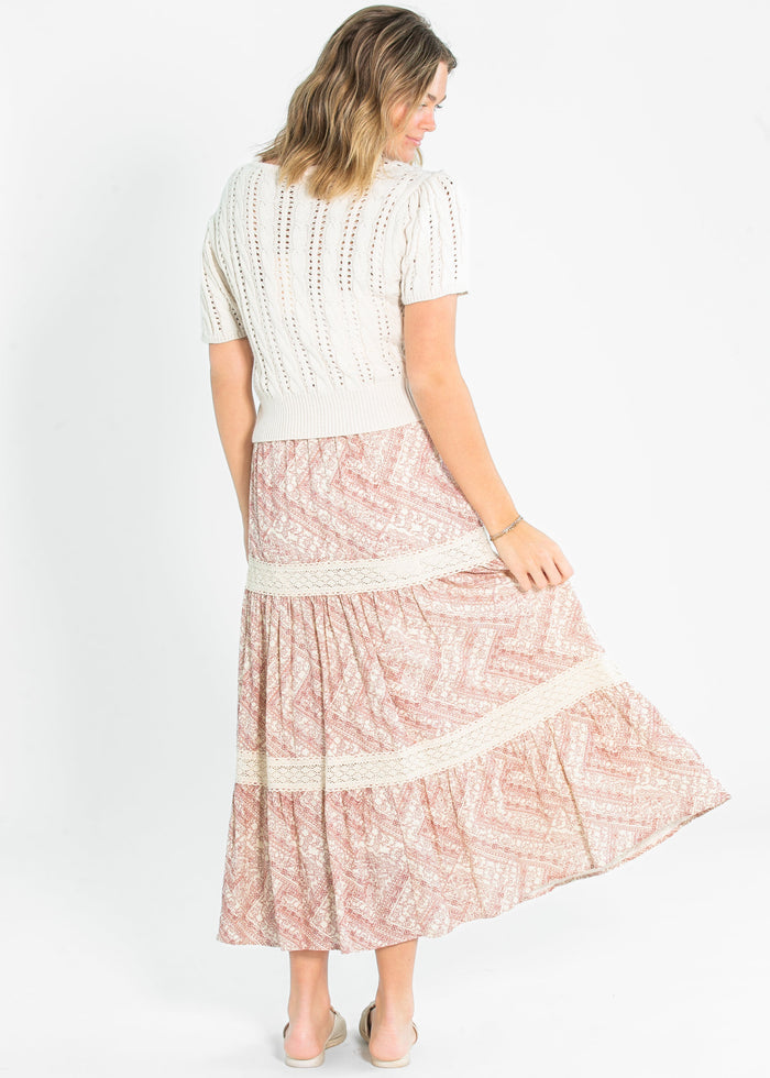 Ruched Waist Lace Trim Tiered Maxi Skirt FF Skirts