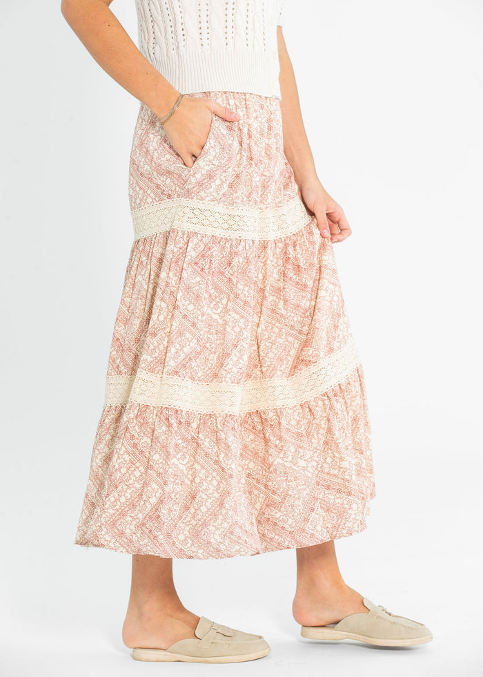 Ruched Waist Lace Trim Tiered Maxi Skirt FF Skirts