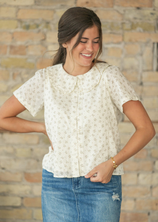 Ruffle Collar Floral Short Sleeve Top FF Tops S