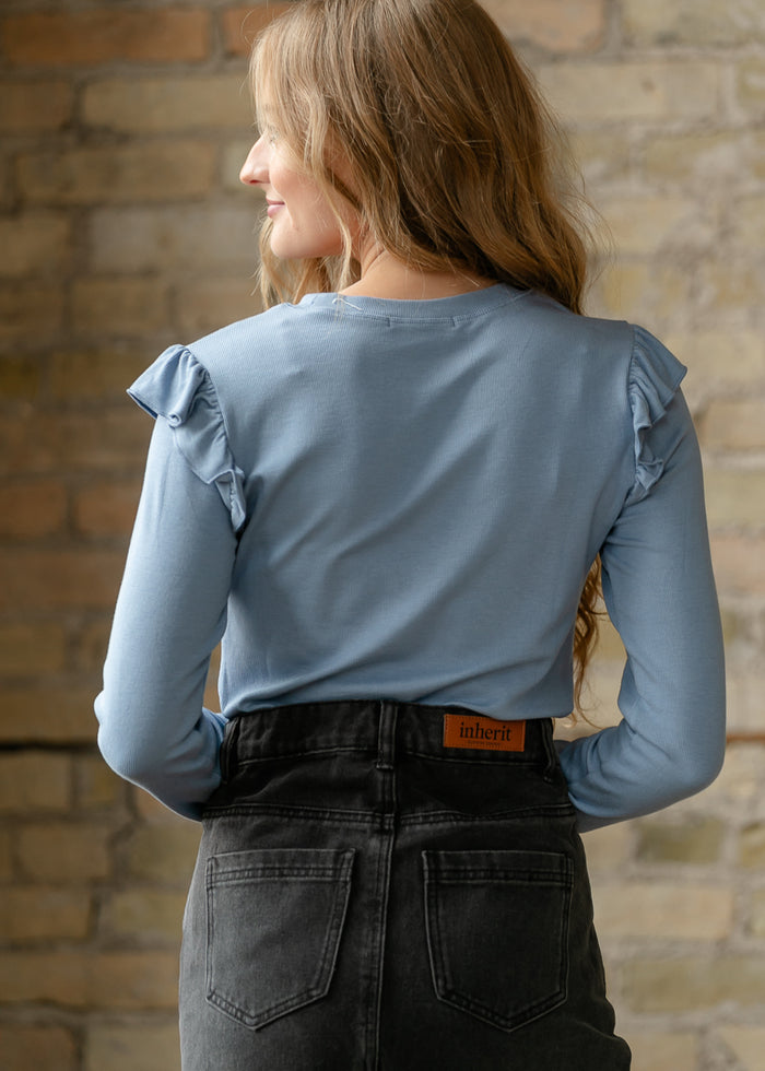 Ruffle Detail Blue Ribbed Knit Top FF Tops