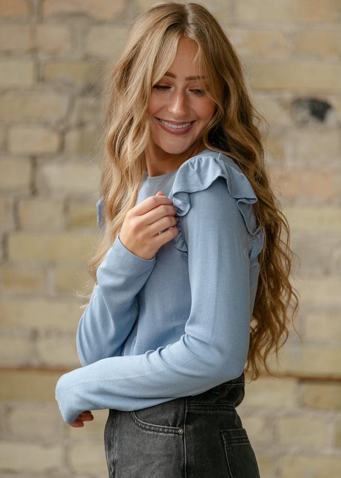 Ruffle Detail Blue Ribbed Knit Top FF Tops