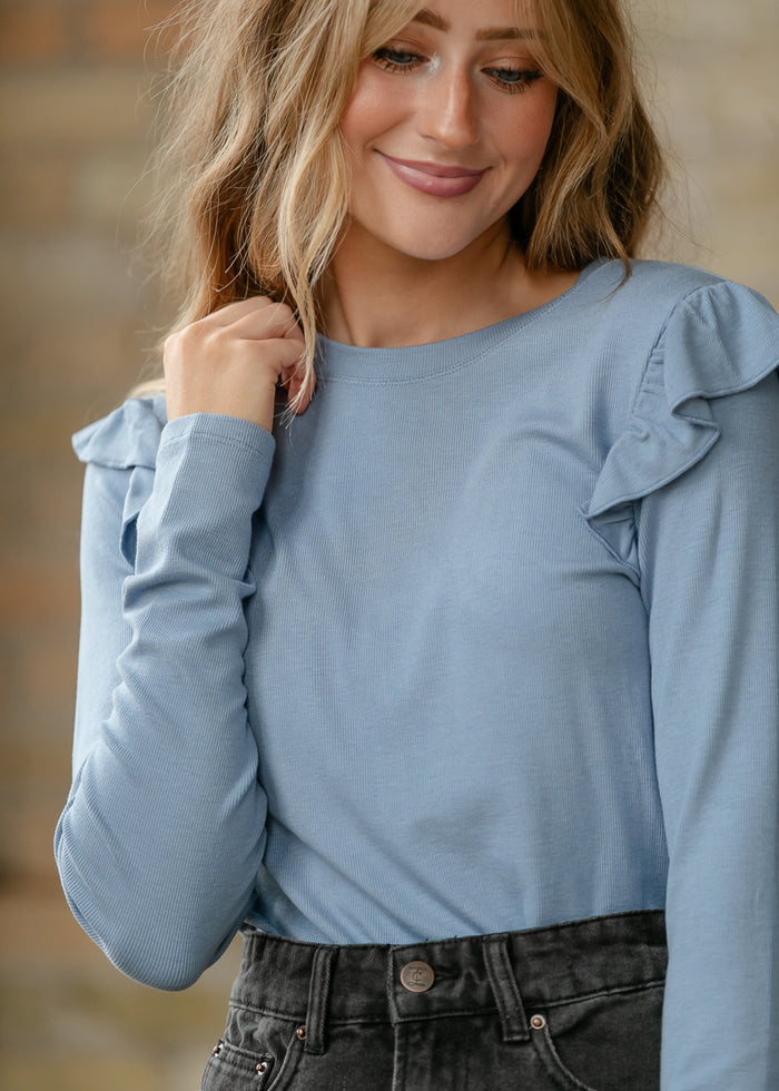 Ruffle Detail Blue Ribbed Knit Top FF Tops