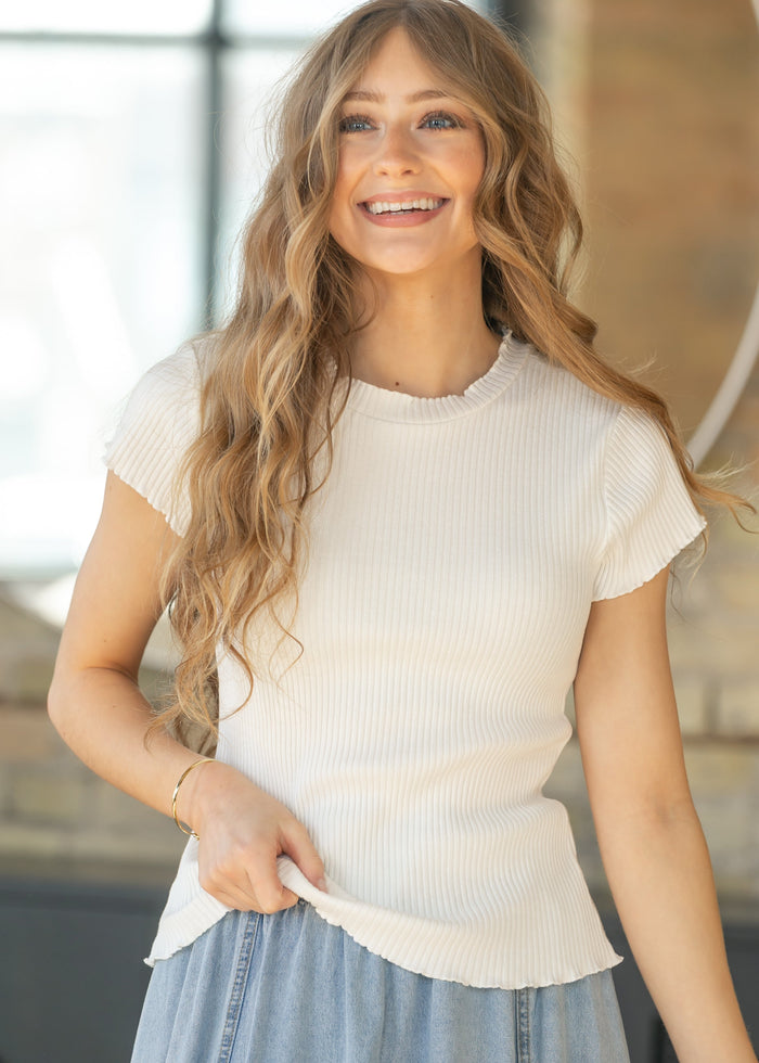 Ruffle Edge Ribbed Knit Top FF Tops