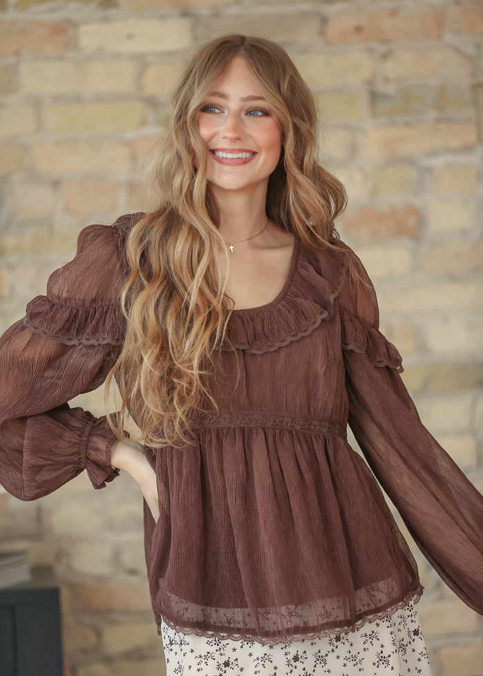Ruffle Round Neck Long Sleeve Top FF Tops