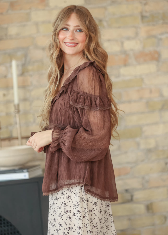 Ruffle Round Neck Long Sleeve Top FF Tops