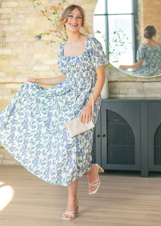 Ruffle Square Neck Smocked Maxi Dress FF Dresses