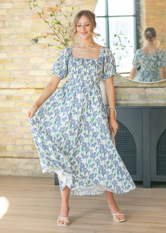 Ruffle Square Neck Smocked Maxi Dress FF Dresses