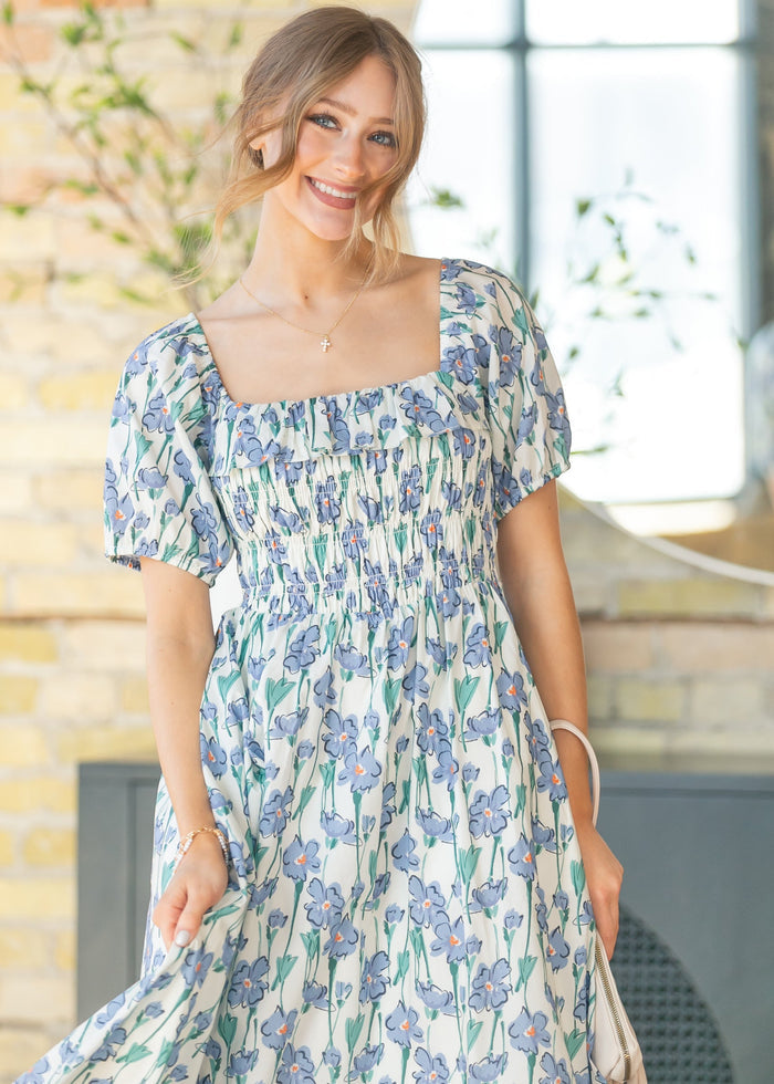 Ruffle Square Neck Smocked Maxi Dress FF Dresses