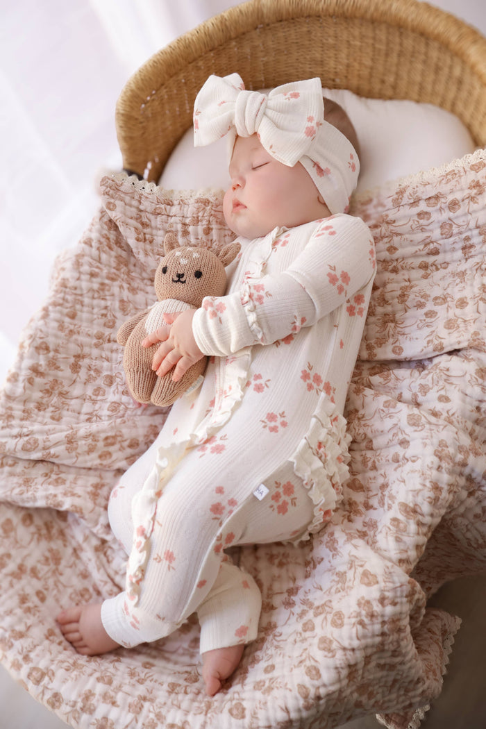 Ruffle Zipper One Piece -  Pink Floral Pointelle