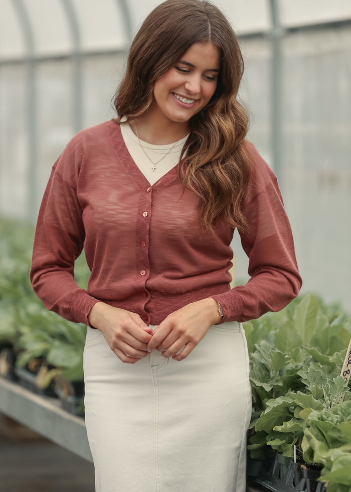 Lightweight V Neck Cardigan Rust
