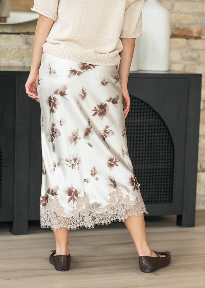 Satin Floral Print Midi Skirt FF Skirts