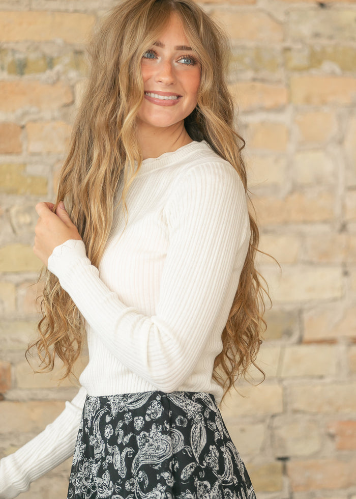 Scalloped Edge Ivory Ribbed Sweater Top FF Tops