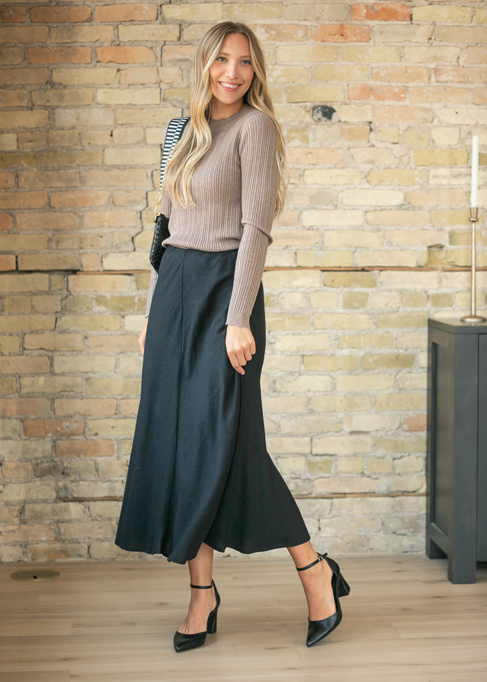 Scalloped Edge Mocha Ribbed Sweater Top FF Tops