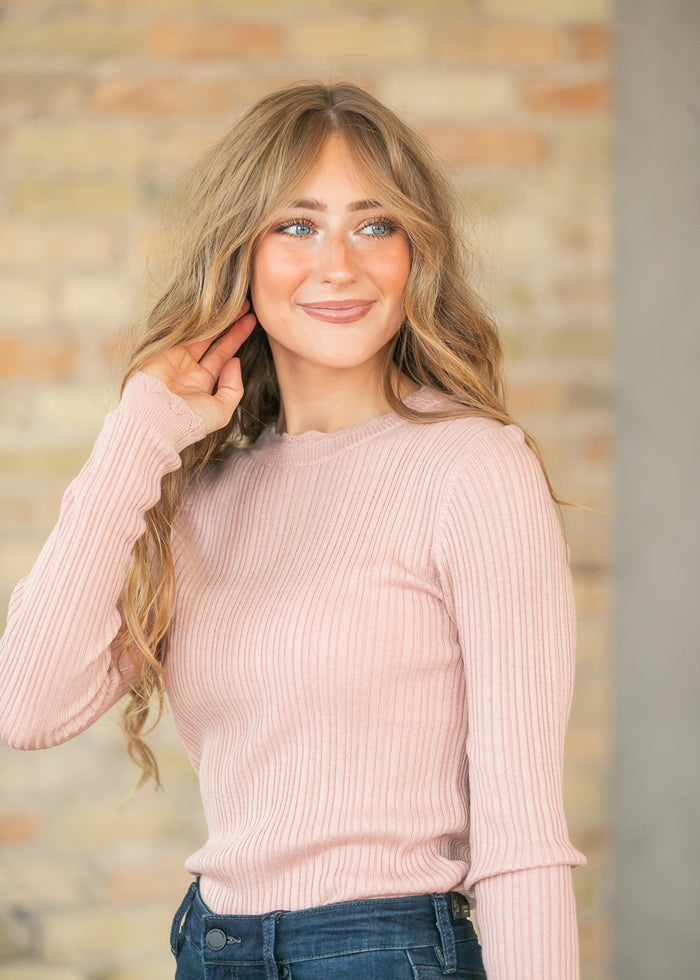 Scalloped Edge Peony Ribbed Sweater Top FF Tops