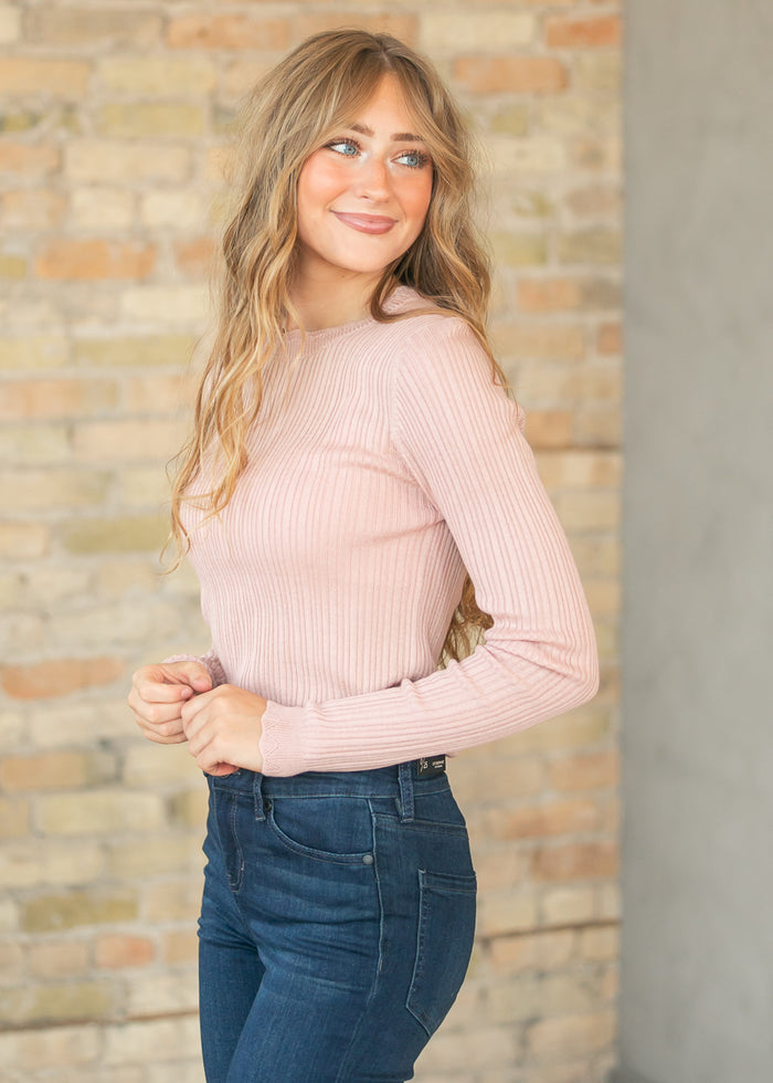 Scalloped Edge Peony Ribbed Sweater Top FF Tops