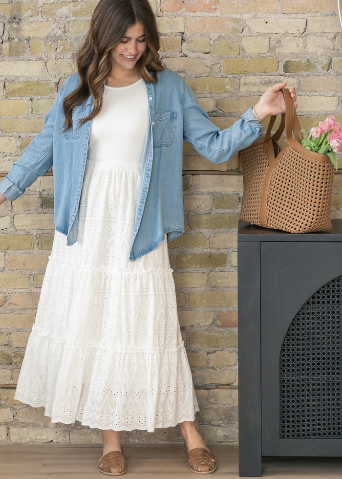 Rowan Light Wash Chambray Button Down Top IC Tops