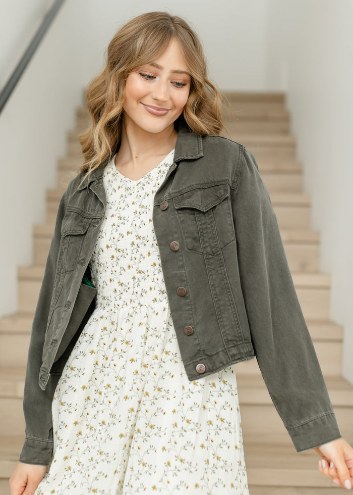 Shea Olive Lightweight Denim Jacket IC Tops