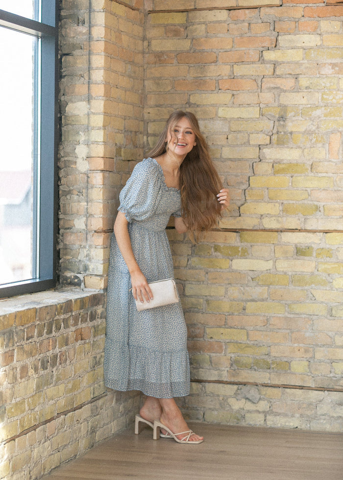 Sherelle Cloud Square Neck Smocked Midi Dress FF Dresses
