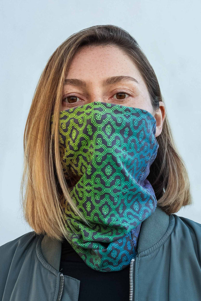 Shipibo Neck Gaiter Grey — visionary art by Symbolika
