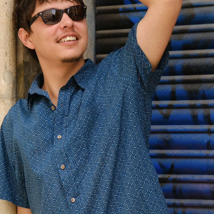 Shipibo Conibo Blue Half Sleeve Button Up Shirt - symbolika