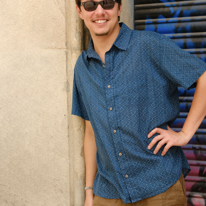 Shipibo Conibo Blue Half Sleeve Button Up Shirt - symbolika