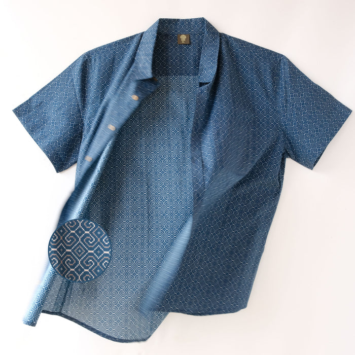 Shipibo Conibo Blue Half Sleeve Button Up Shirt - symbolika